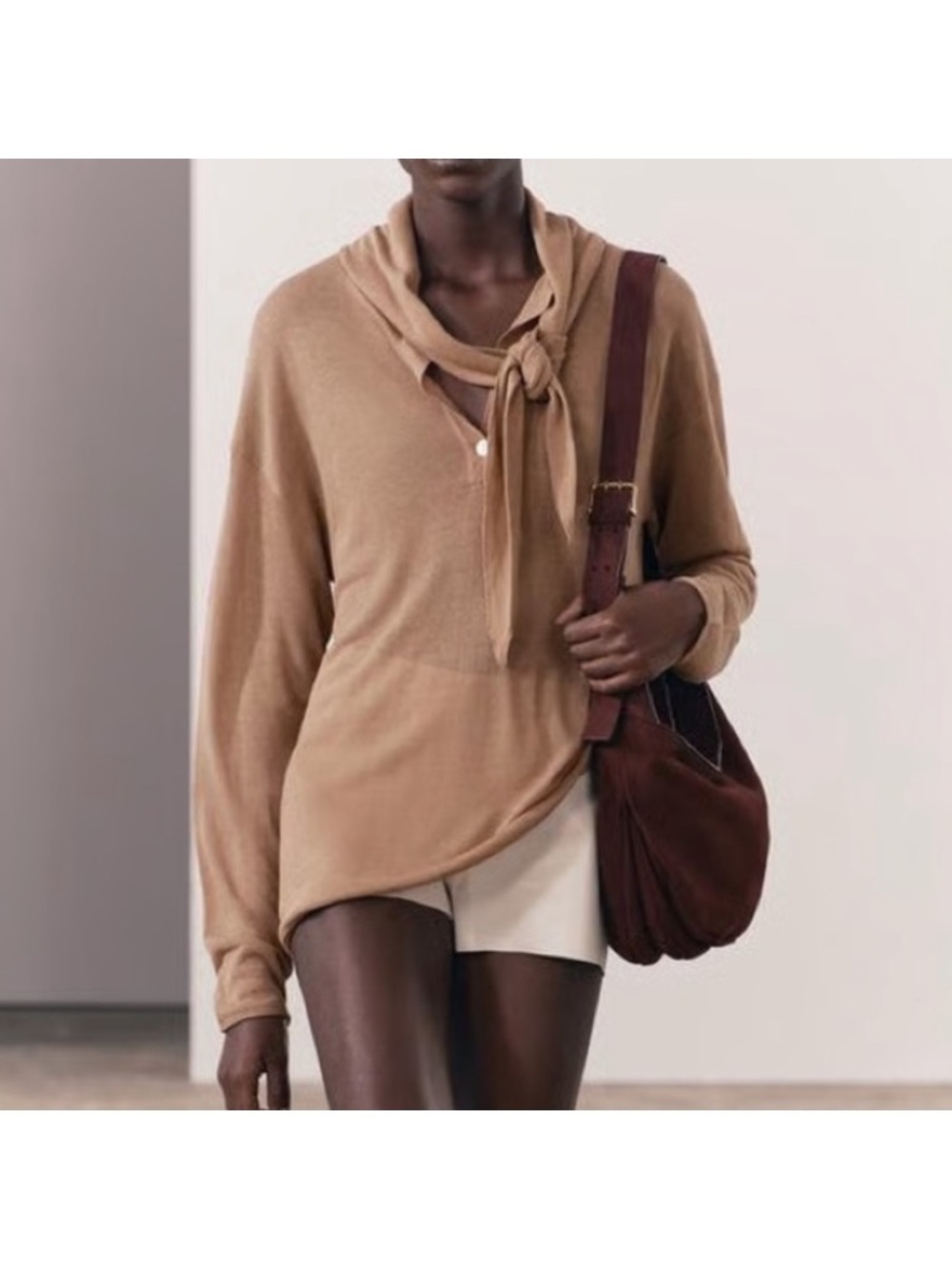 Zara Camel Tie-Neck Knit Top